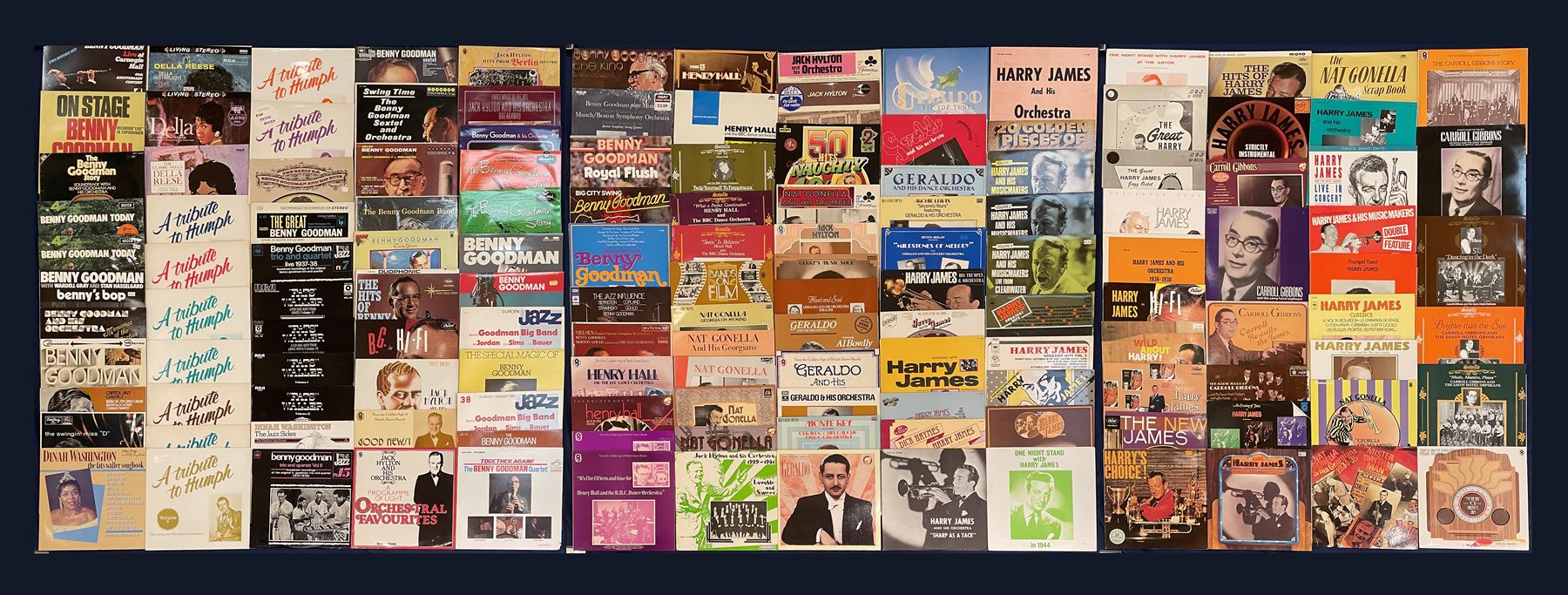 Mostly Jazz vinyl records including 'Benny Goodman Live at Carnegie Hall 40th Anniversary Concert' two record set, 'Capitol Jazz Classics Bebop Spoken Here Benny Goodman Charlie Barnet', 'Dinah Washington The Jazz Sides The EmArcy Jazz Series', 'Nat Gonella And His Trumpet', 'Harry James First-Team Player On The Jazz Varsity' etc, approximately 120 