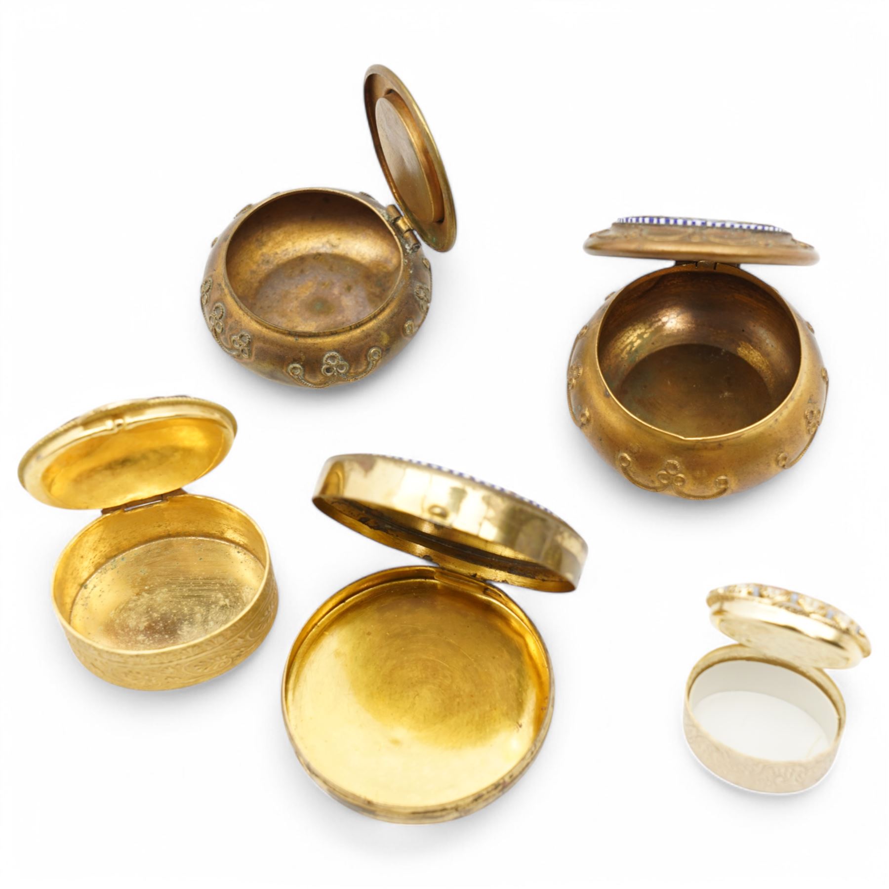 Collection of five Italian bijouterie boxes, each with intricate floral designs set to the covers, further decorated with swags and repeating acanthus leaf ornamentation