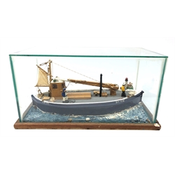  Waterline scratch built model of a Scarborough fishing boat SH106, probably 'Courage' passing a lighthouse, in glazed display case, model L38cm, case L43cm, H21cm, D23cm. Provenance Douglas Fishing Family Scarborough   