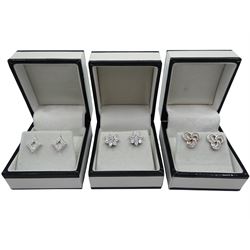 Three pairs of silver cubic zirconia dress stud earrings, all stamped 925