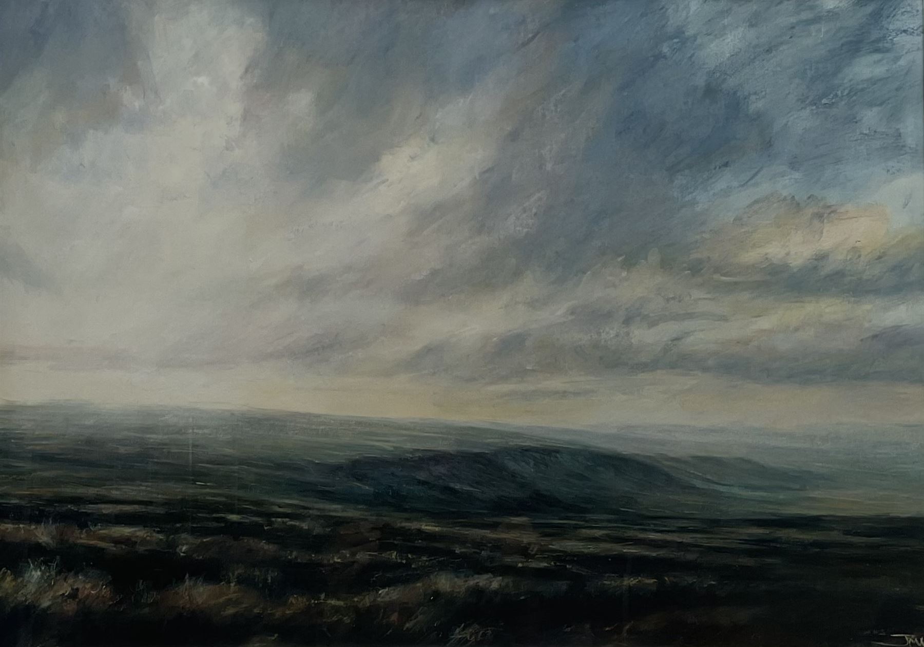 Jim Wright (Scottish 1945-): 'Westerdale', mixed media signed with initials 50cm x 71cm
Notes: Jim now living at Kirkbymoorside North Yorkshire was born in Scotland and spent his early childhood in Bannockburn near Stirling before his family moved to Perth in Western Australia where he discovered a lifelong passion for the surf. After completing his studies and gaining a diploma in art in Australia he worked in the commercial art field for many years before moving into Fine Art in 1998. Since then he has successfully established a reputation for his landscapes and seascapes of North Yorkshire.