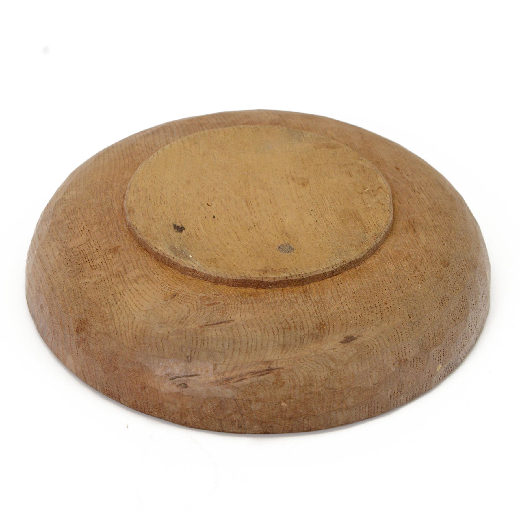 Rabbitman - circular tooled oak fruit bowl, carved with rabbit signature, by Peter Heap, Wetwang
