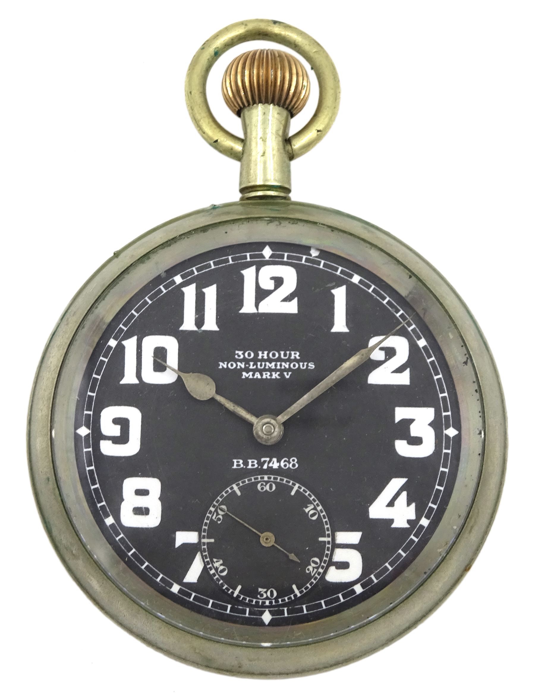Royal Flying Corps Mark V military pocket watch by Omega, No. 5239490, black dial with Arabic numerals and subsidereary seconds dial, marked 30 hour non-luminous, B.B.7468, the case back with Broad Arrow beneath underlined A