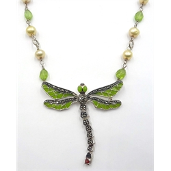  Peridot, pearl and marcasite silver dragonfly necklace, stamped 925  