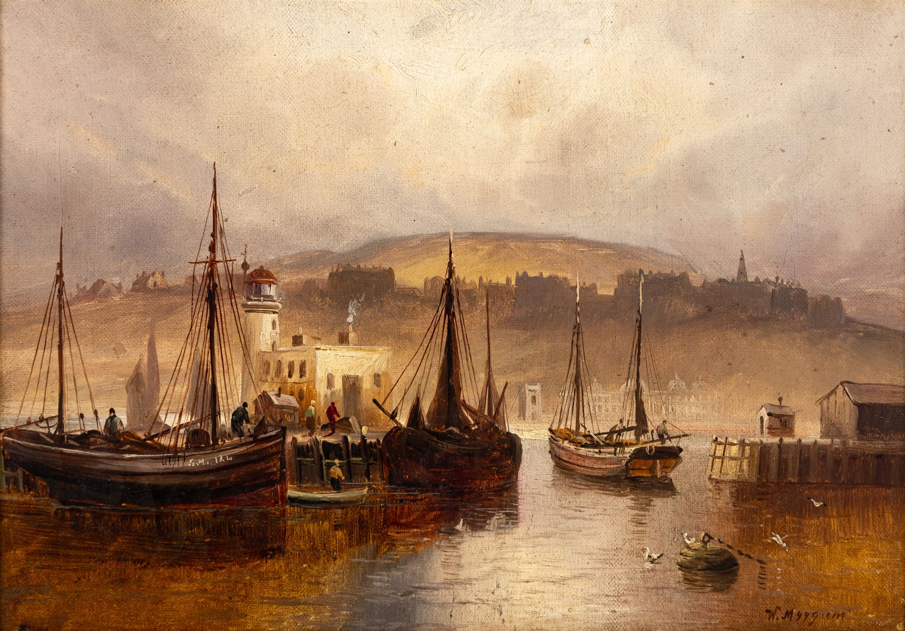 Walter Linsley Meegan (British c1860-1944): Scarborough and Whitby Harbours, pair oils on canvas signed 24cm x 34cm (2)