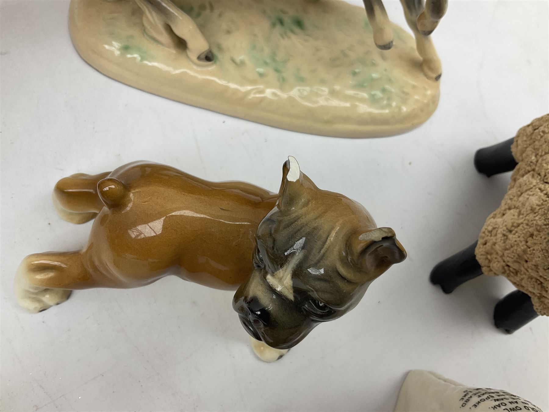 Three West German figures of Boxer dogs, Coopercraft figure of a dalmatian, Crested ware owl, West German horse figure group, Basil Matthews studio fox figure, Wade and other ceramic and composite  animal figures