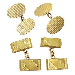 Pair of gold oval cufflinks and one other pair of gold rectangular cufflinks, both with engine turned decoration and both hallmarked 9ct, approx 10.35gm
