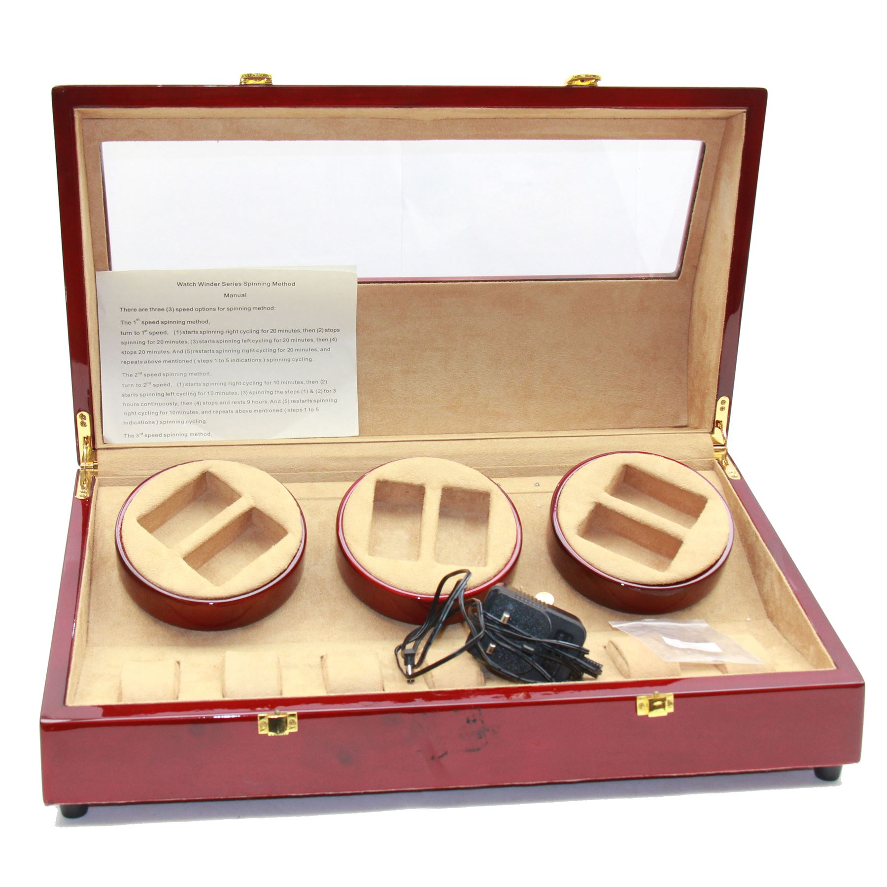 Electronic watch winder for three watches, in laminated mahogany finish, H24cm, W54cm