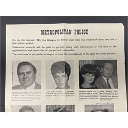 Great Train Robbery; Metropolitan Police printed poster, 'The Assistance of the public is sought to trace the whereabouts of the after described persons .....', printed by Wavell Press Ltd, 1963
Provenance by vendor repute: The poster was given to the vendor in 1985 by a colleague who was previously a detective sergeant of the Metropolitan Police, who had as a junior officer and worked on the case  of the Great Train Robbery. The hand written dates they were written on the poster when they were arrested   