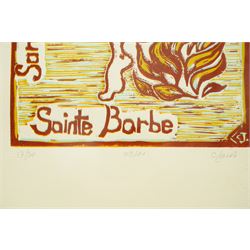 Manner of Jean Chièze (French 1898-1975): 'Santez Barbon' or Saint Barbara, limited edition woodblock print indistinctly signed and numbered 17/20 in pencil, 42cm x 21cm 