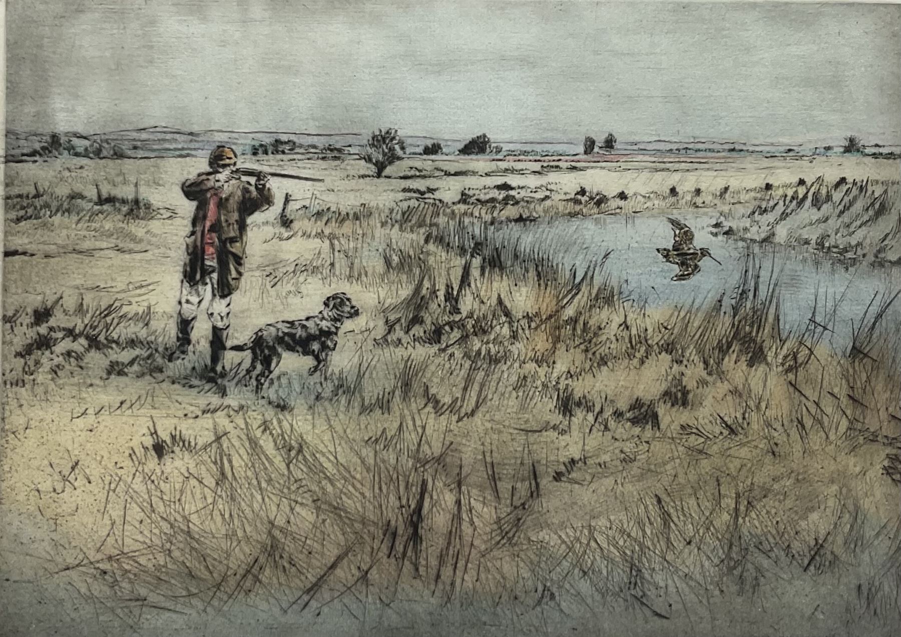 Henry Wilkinson (British 1921-2011): Shooting Snipe, coloured drypoint etching signed and numbered 56/200 in pencil 27cm x 36cm