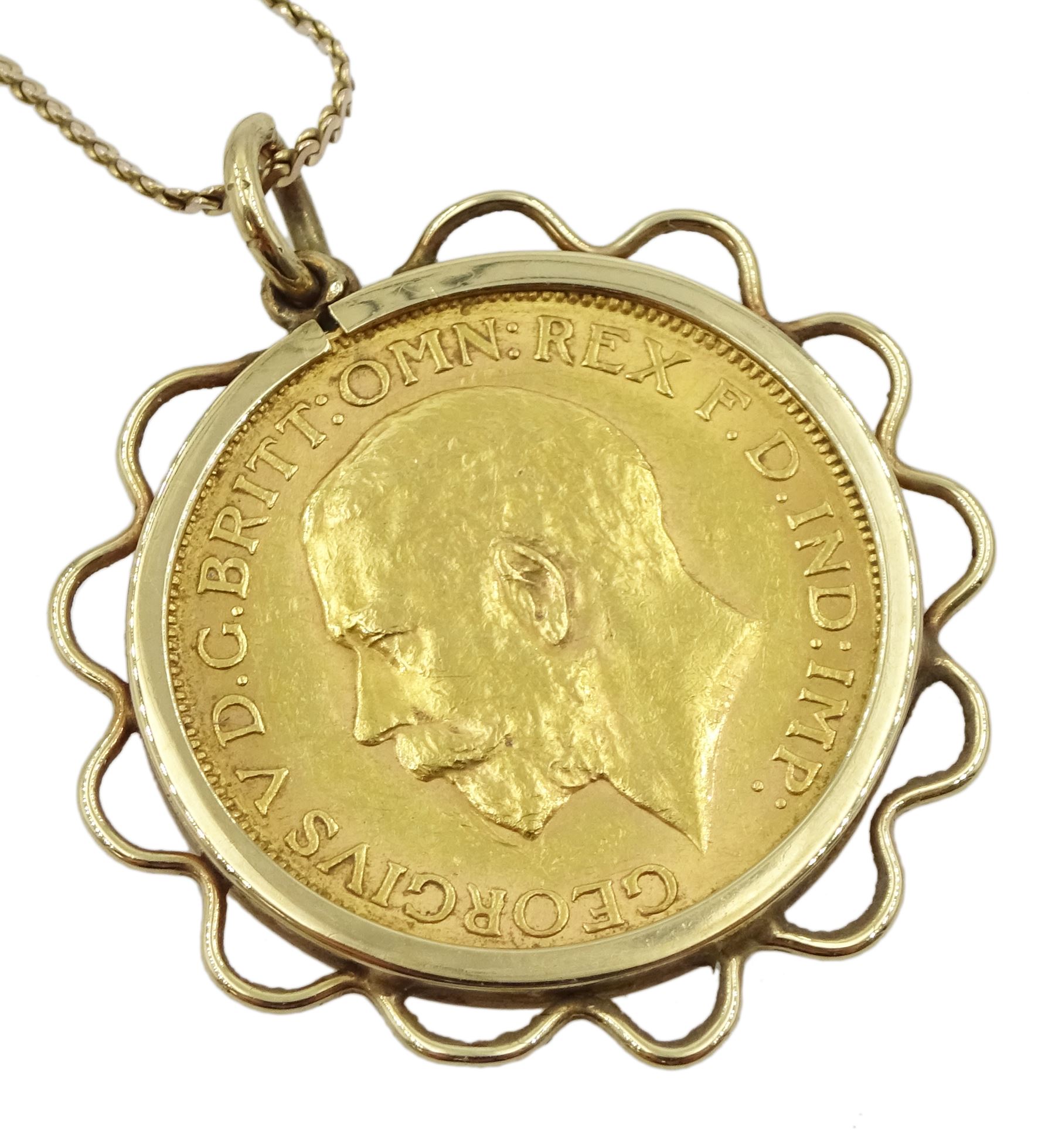 George V 1917 gold full sovereign, Perth mint, loose mounted in pendant on gold chain, hallmarked 9ct