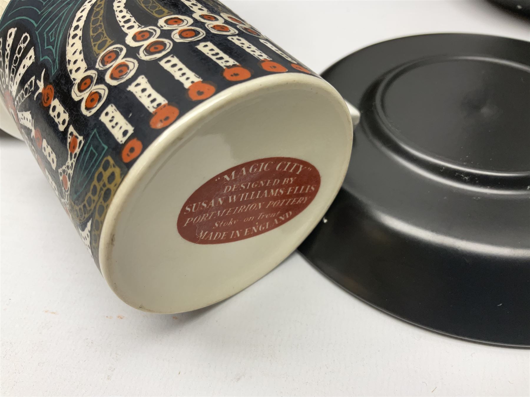 Susan Williams Ellis for Portmeirion 'Magic City' part coffee service, comprising five cups, six saucers, sugar bowl, milk jug and coffee pot
