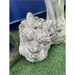 Composite stone figure of David (H82cm), composite stone figure of a woman holding flowers (H80cm), and a composite stone grotesque mask (H27cm) - THIS LOT IS TO BE COLLECTED BY APPOINTMENT FROM DUGGLEBY STORAGE, GREAT HILL, EASTFIELD, SCARBOROUGH, YO11 3TX