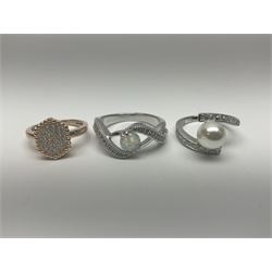 Silver jewellery, comprising six stone set rings and eight pairs of stone set earrings, all stamped 