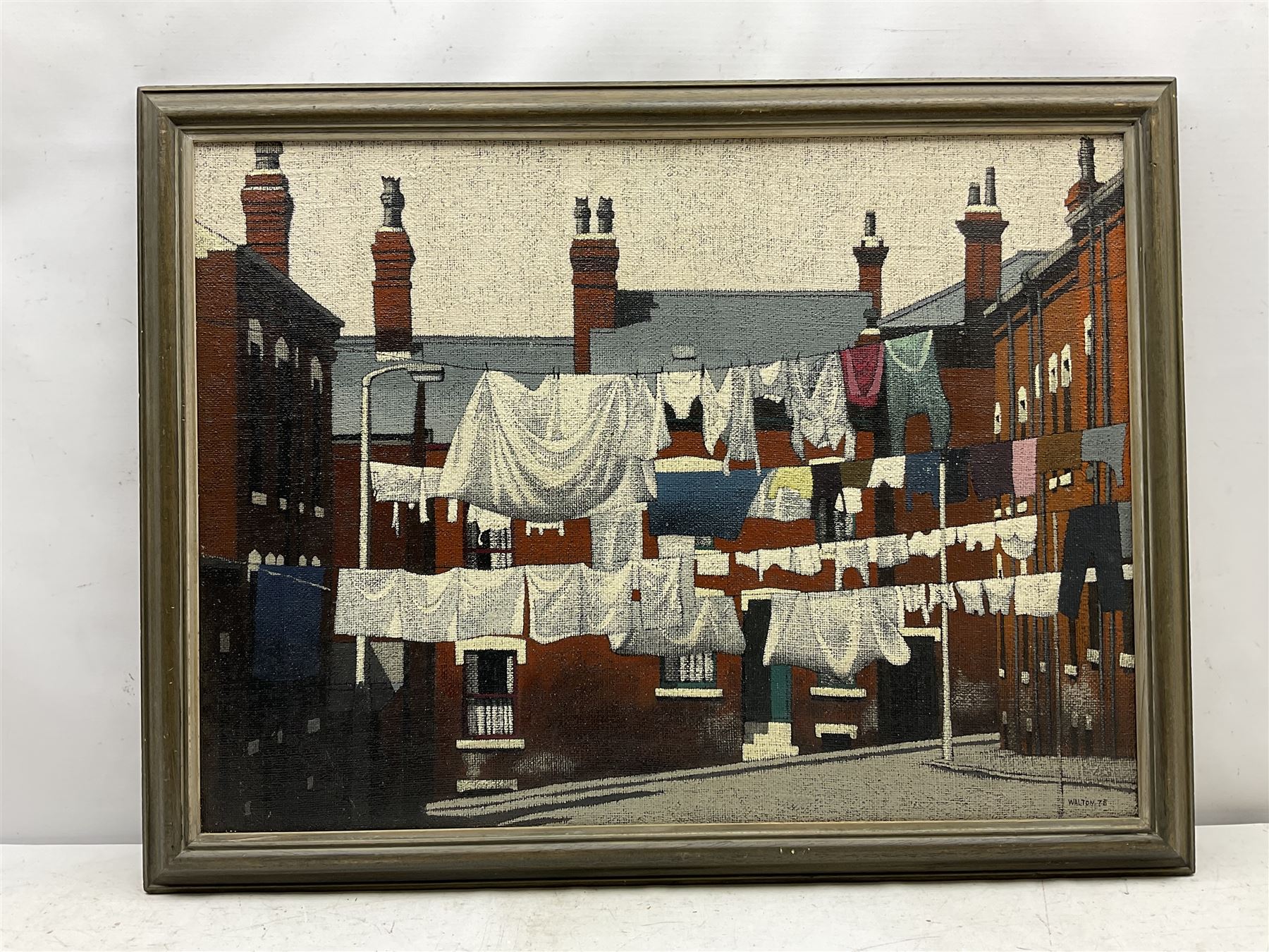 Stuart Walton (Northern British 1933-): Washing Day - Terraced Street Leeds, oil on canvas laid on board signed and dated '75, 55cm x 75cm 