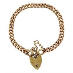 9ct rose gold curb link bracelet, each link stamped, with 9ct yellow gold heart locket clasp, hallmarked