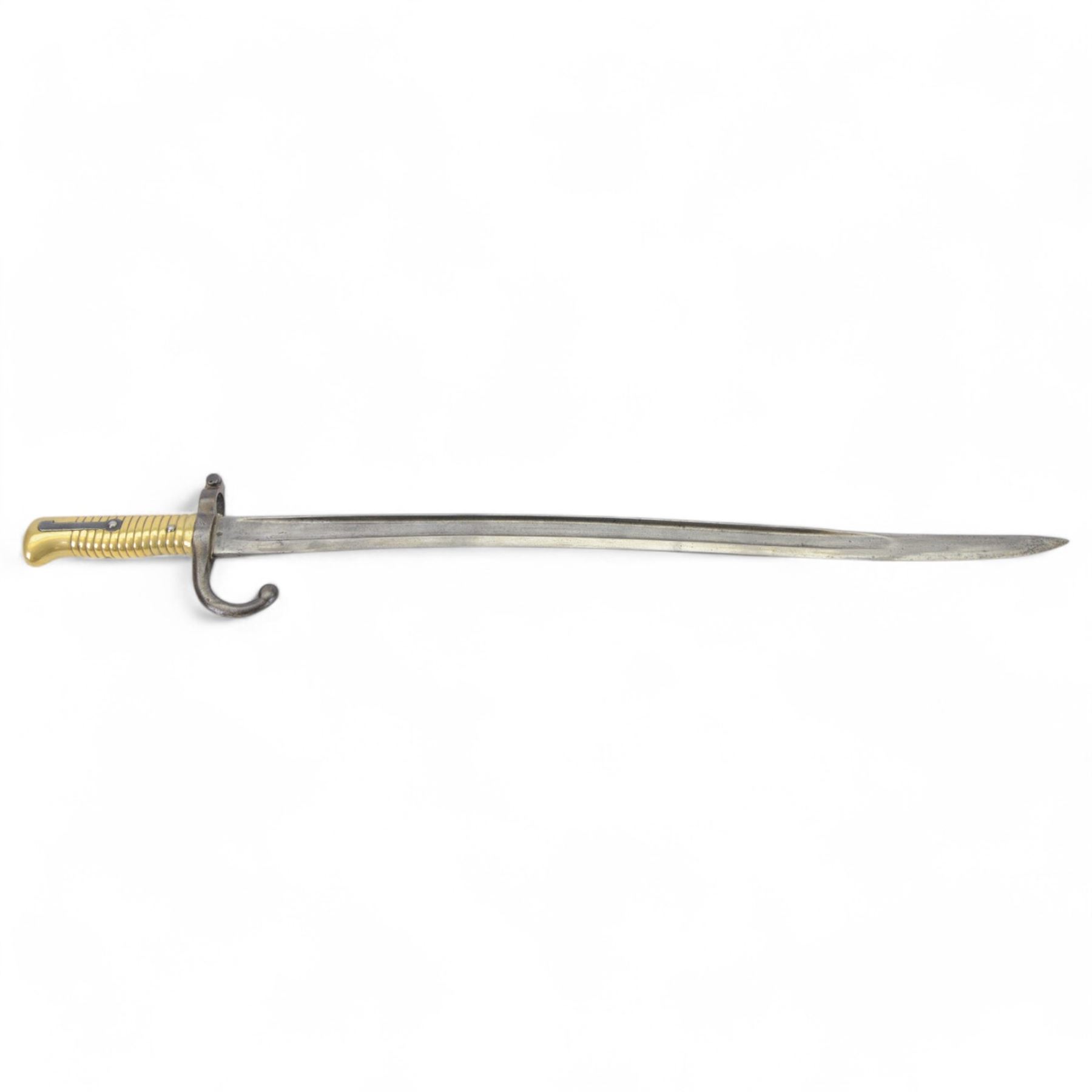 French Chassepot bayonet with 57cm curving fullered steel blade in steel scabbard, together with XIX Century French Model 1874 Gras Bayonet, manufacturer mark 'Mre d'Armes de St Etienne 1878'