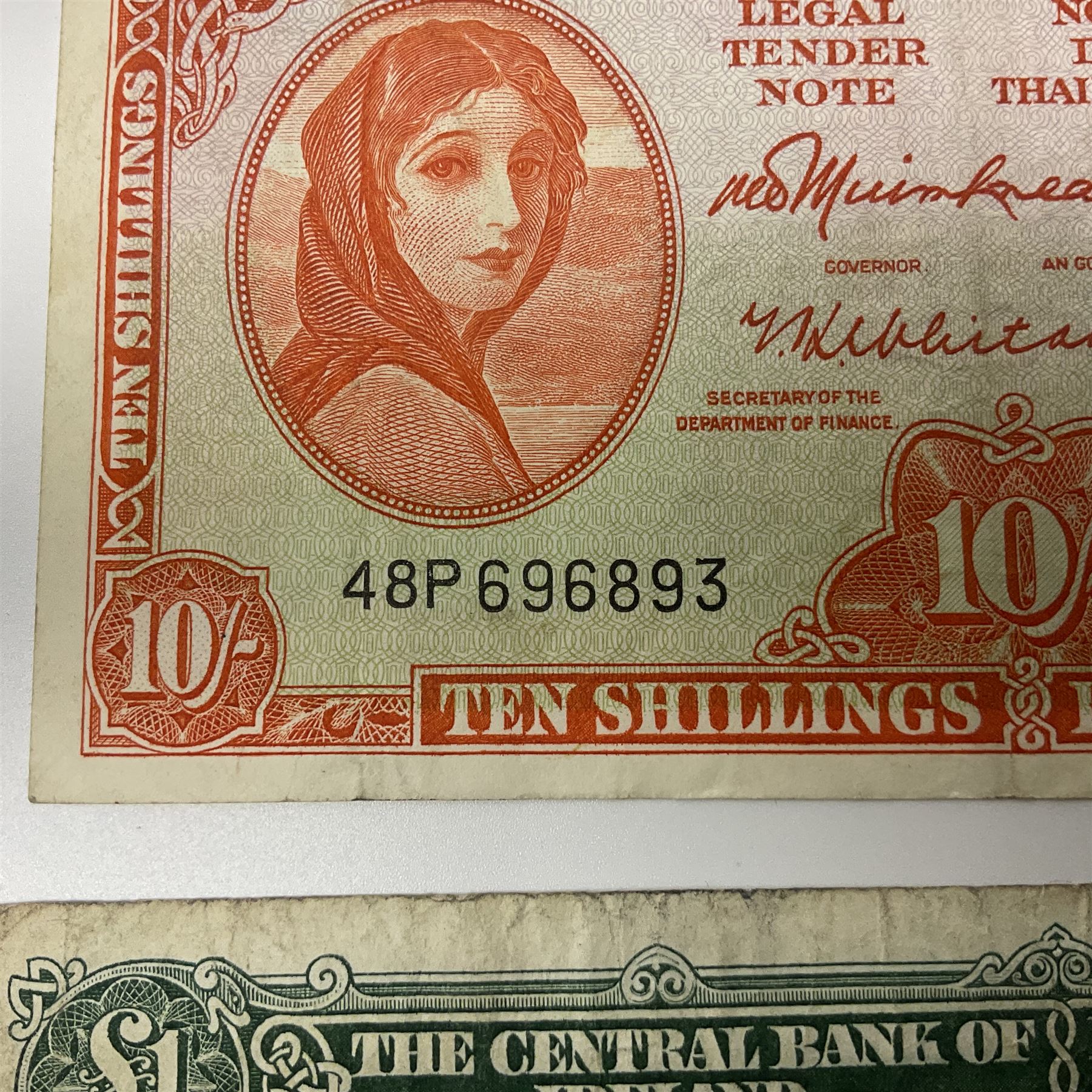 The Central Bank of Ireland one pound banknote 11.4.64 ‘46G 869736’ and ten shillings banknote 7.10.65 ‘48P 696893’