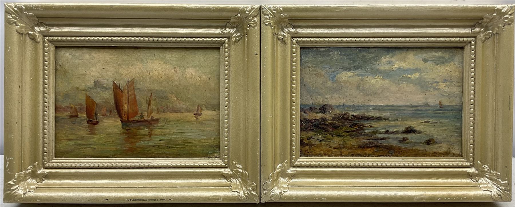 Attrib. Gertrude Hudson (British 1878-1958): Fishing Boats at Scarborough and the Beach, pair oils on board signed with initials GH, 12cm x 19cm (2) 
Notes: Hudson was a pupil of and model for Mark Senior, and the sister-in-law of Senior's daughter. She never took to painting full-time, hence why her art very rarely appears on the market, and making a firm attribution difficult.