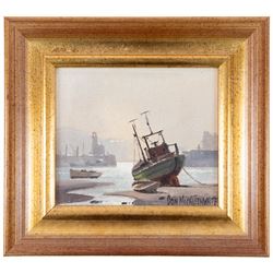 Don Micklethwaite (British 1936-): Scarborough Boats at Low Tide, oil on canvas board signed 13cm x 14.5cm 