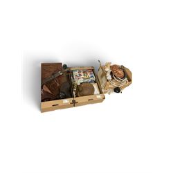 Cased display of miniature musical instruments, together with wooden carvings and other items, in four boxes  