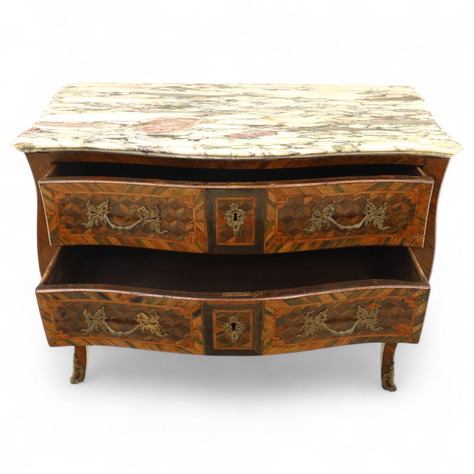 Late 18th-century Louis XV kingwood marquetry commode, rectangular top with original serpentine Breche marble top, above two long crossbanded drawers with rococo style gilt bronze handles and escutcheons in marquetry framed panel in various woods, shaped and centered apron with gilt bronze foliate mounts, sides and drawer fronts with cube geometric marquetry design, on slender cabriole legs with gilt bronze sabots  