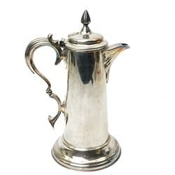 Britannia metal flagon by James Dixon & Sons with scroll handle and hinged lid H35cm and a silver plated fiddle pattern soup ladle (2)