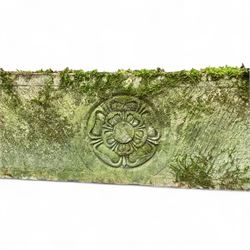 Pair of Yorkshire Rose weathered cast stone trough planters