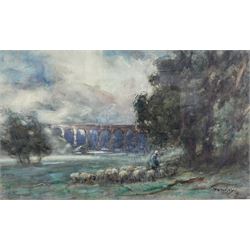 Thomas William Morley (British 1859-1925): Gathering Sheep by the Eynsford Viaduct, waterc...