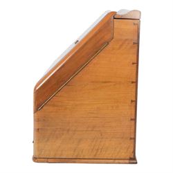 19th century burr walnut correspondence box, the sloped front opening to reveal a fitted interior with perpetual calendar, letter racks, and pen tray between two inkwell recesses, above a pull out draw with recessed brass handle, H41cm L40.5cm D28.5cm