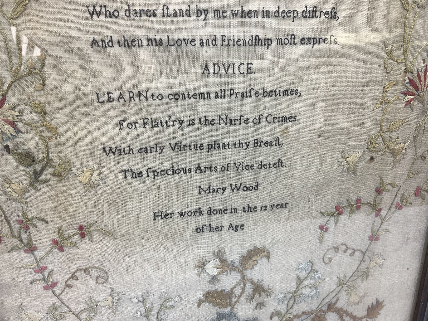 Early 19th century 'Friendship' silk work sampler, worked with poem within naturalistic floral borders, by Mary Wood aged 12, in glazed frame, H46cm W34.5c,

