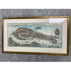 Collection of pictures, to include After William Callow (British 1812-1908): Continental River Scene, coloured lithograph; English School (20th century): Church Ruins on the River, watercolour unsigned; Christopher Gifford Ambler (British 1886-1965): Ceasar's Wife - A Matter of Colour, coloured print signed in pencil; after Francis Nicholson (British 1753-1844): Newbrough Gate 1834, monochrome lithograph; Map of Venice, coloured print, with others and one mirror, max 40cm x 49cm (18)