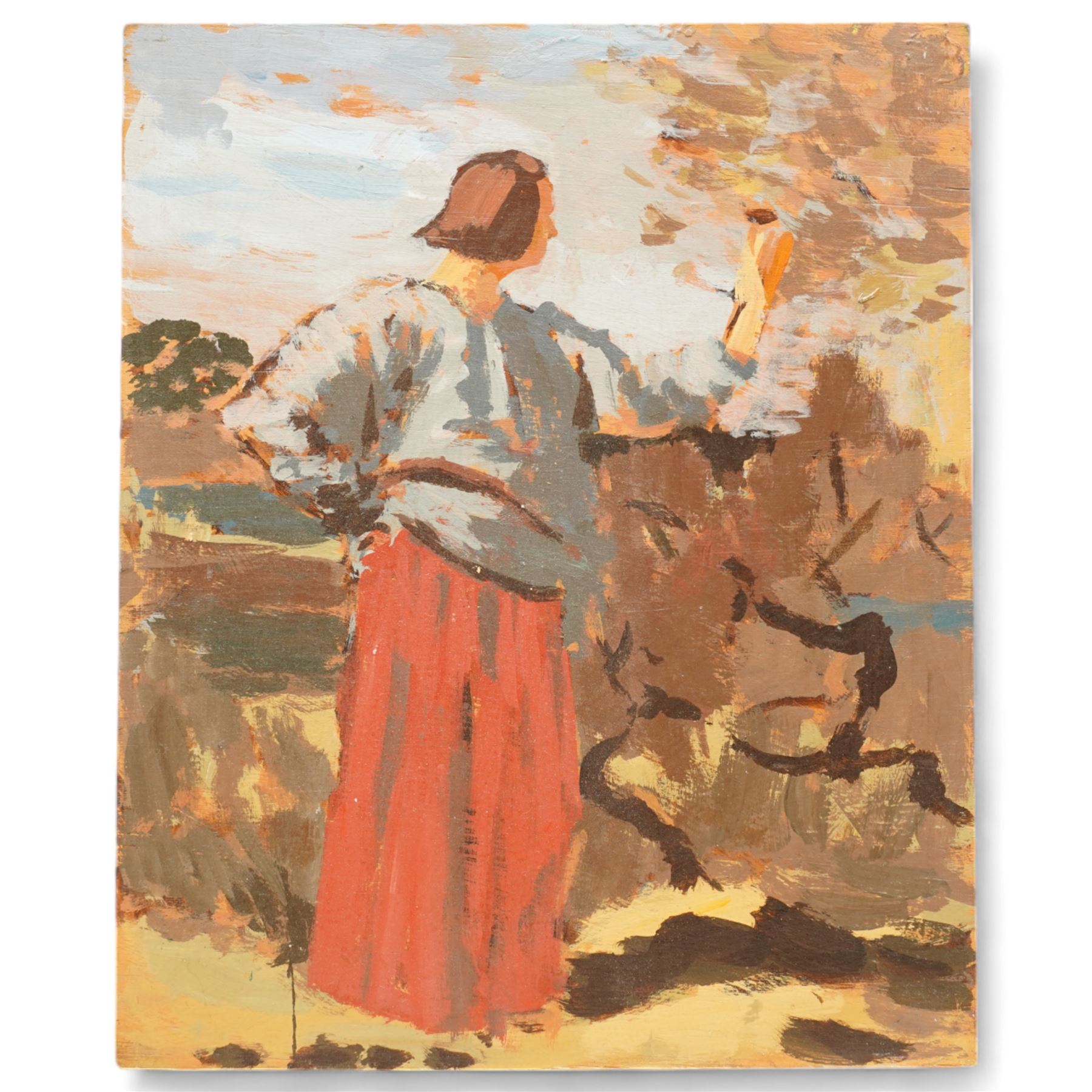 Barry De More (Yorkshire 1948-2023) after Augustus Edwin John (British 1878-1961): 'Dorelia in a Red Skirt', oil on board signed and inscribed verso 29cm x 23cm
Notes: Acclaimed as one of the North's greatest expressionist artists, Barry De More (1948-2023) used a heavy impasto style to transfer his love of Yorkshire landscapes, townscapes and people to canvas. His work sits comfortably in the company of work by Kossoff and Auerbach, selling to collectors in the UK and overseas. De More's work can be found in the permanent collection of work by Northern Artists at Dean Clough, one of the UK's largest contemporary art galleries.