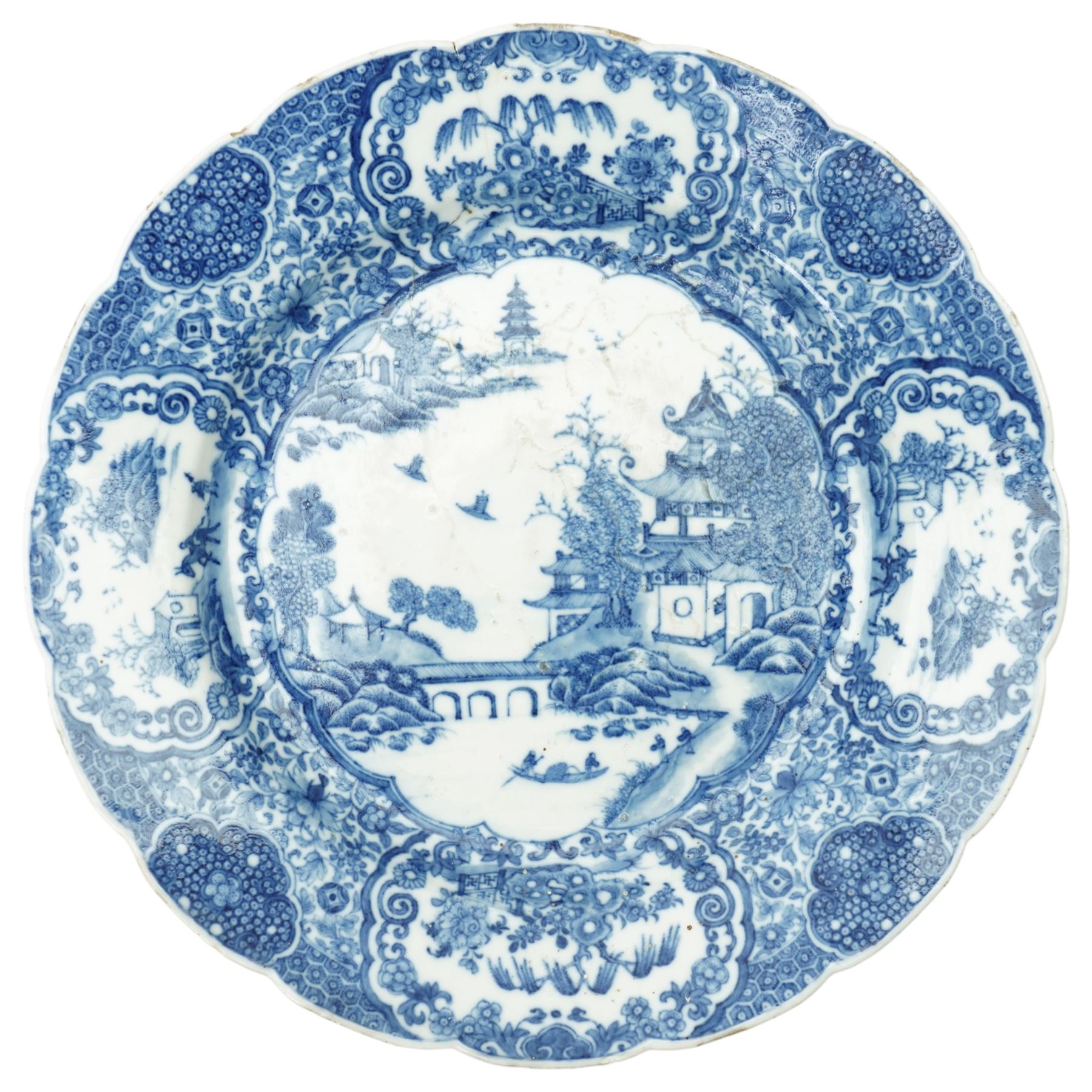 Set of five late 18th century Chinese export blue and white plates, Qing dynasty, approximately Qianlong period, D23cm 