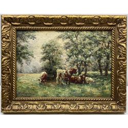 John C Gray (Scottish 1873-1958): Cattle Grazing, oil on canvas signed and dated 1915, 24cm x 34cm 
Notes: Gray, a Dundee artist, was born without arms and painted by holding a brush between his teeth and toes. 