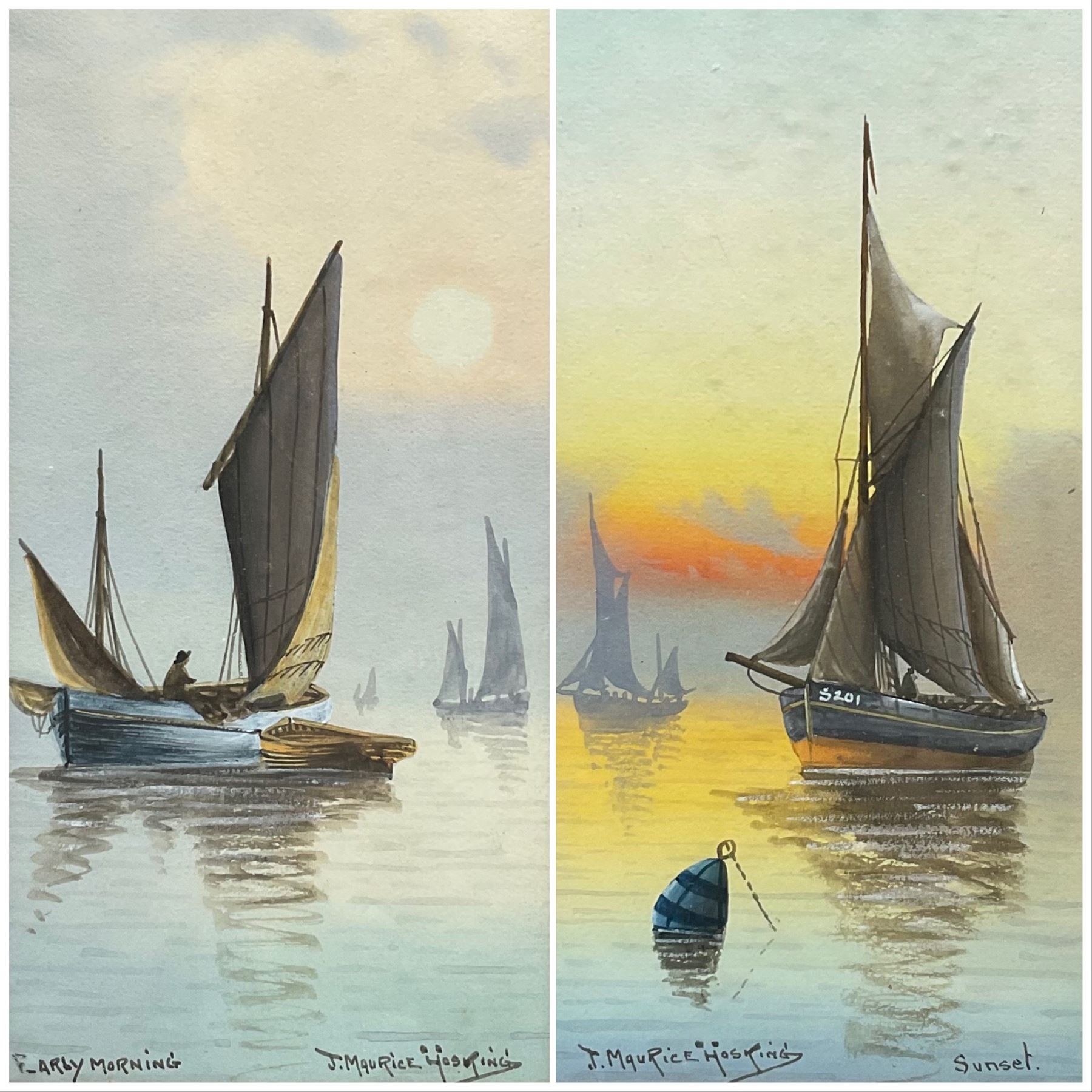 J Maurice Hosking (19th/20th century): 'Early Morning' and 'Sunset', pair watercolours signed and titled 26cm x 12cm (2)
