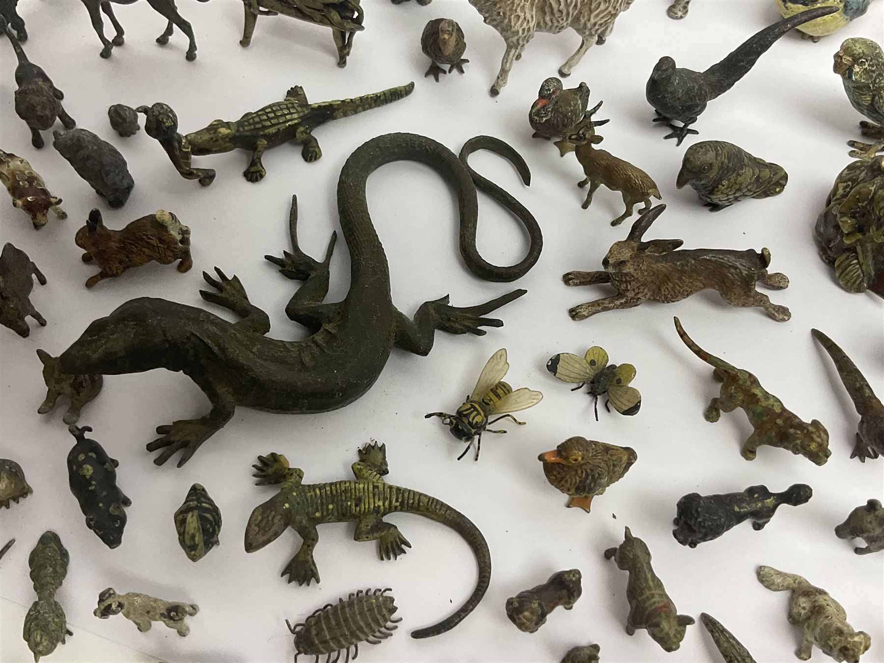 Collection of miniature cold painted bronze and similar animals, to include birds, sheep, horses etc 