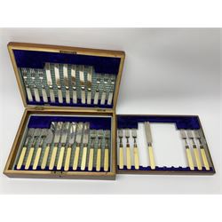 Silver plated dessert knives and forks with silver ferrules and mother of pearl handles, and other part canteen stainless steel cutlery with blue velvet lining in oak case