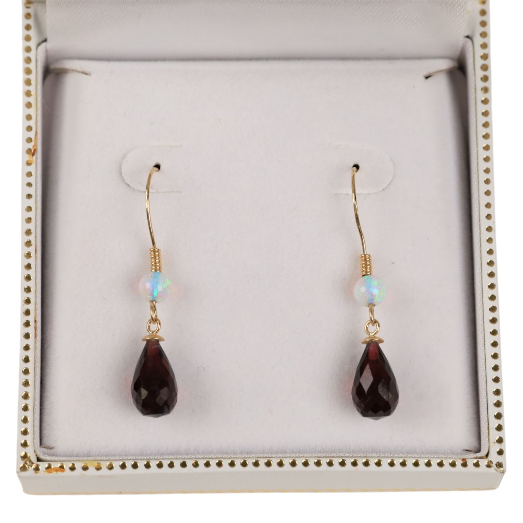 Pair of 9ct gold opal and garnet pendant earrings, boxed