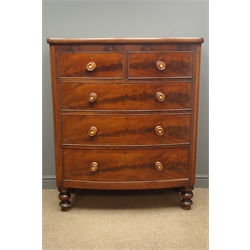  Victorian mahogany bow front chest, two short and three long drawers, turned supports, W108cm, H129cm, D53cm  