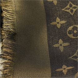 Louis Vuitton – a monogram silk and wool blend shawl in brown and gold, with fringe, 140cm x 140cm, unused with original box