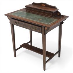 Edwardian inlaid rosewood writing desk, with raised back for an ink well, tooled green leather inset top, above a single drawer, raised on tapering square supports united by an undertier