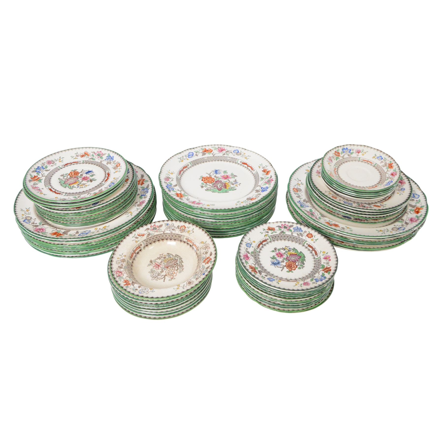 Spode Chinese Rose dinner service, including fourteen dinner plates, twelve side plates, teapot, milk jug, covered butter dish, serving platters etc 