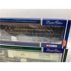 Three Corgi 1:50 scale lorries - ERF Tanker - Gulf Oil in perspex display case No.75101; limited edition Scania T Bulk Tipper - Maguires of Cheltenham No.CC12803; and Scania Topline Curtainside - Stephen Sanderson Limited No.CC12912; all boxed (3)