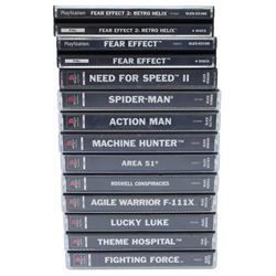 Twelve Sony Playstation 1 games, comprising Theme Hospital, Fear Effect, Fear Effect 2, Roswell Conspiracies, Spider-Man, Best of Infogrames Action Man, Need For Speed II, Machine Hunter, Area 51, Lucky Luke, Agile Warrior F-IIIX and Fighting Force