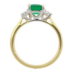 18ct gold three stone no oil emerald and trillion cut diamond ring, hallmarked, emerald approx 0.75 carat