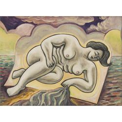 Graham Kingsley Brown (British 1932-2011): 'The End of Summer' - Reclining Nude, oil on board c.1986-89, signed and titled verso 29cm x 39cm 
Provenance: consigned by the artist's daughter - never previously been on the market.