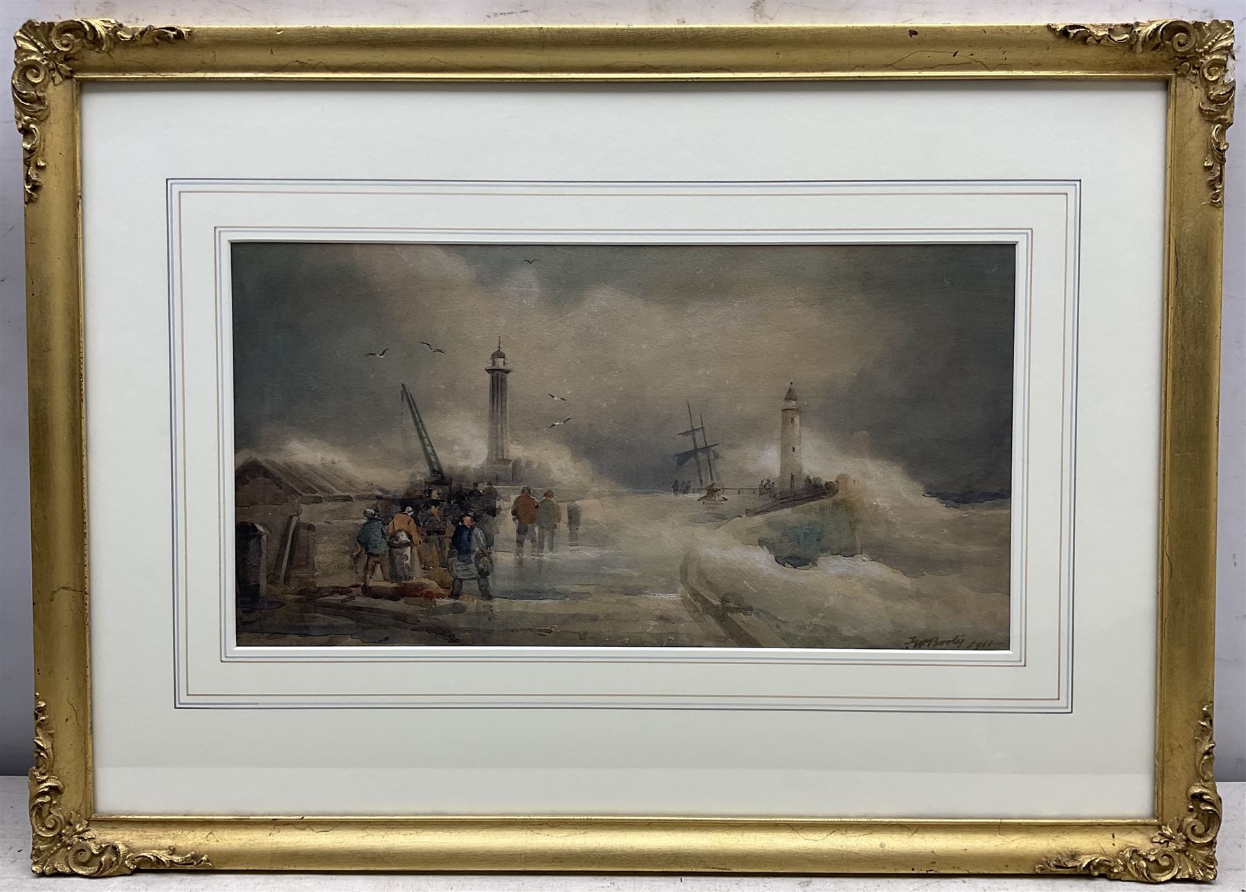 Frederick William Booty (British 1840-1924): Whitby Piers, watercolour signed and dated 1911, 20cm x 38cm