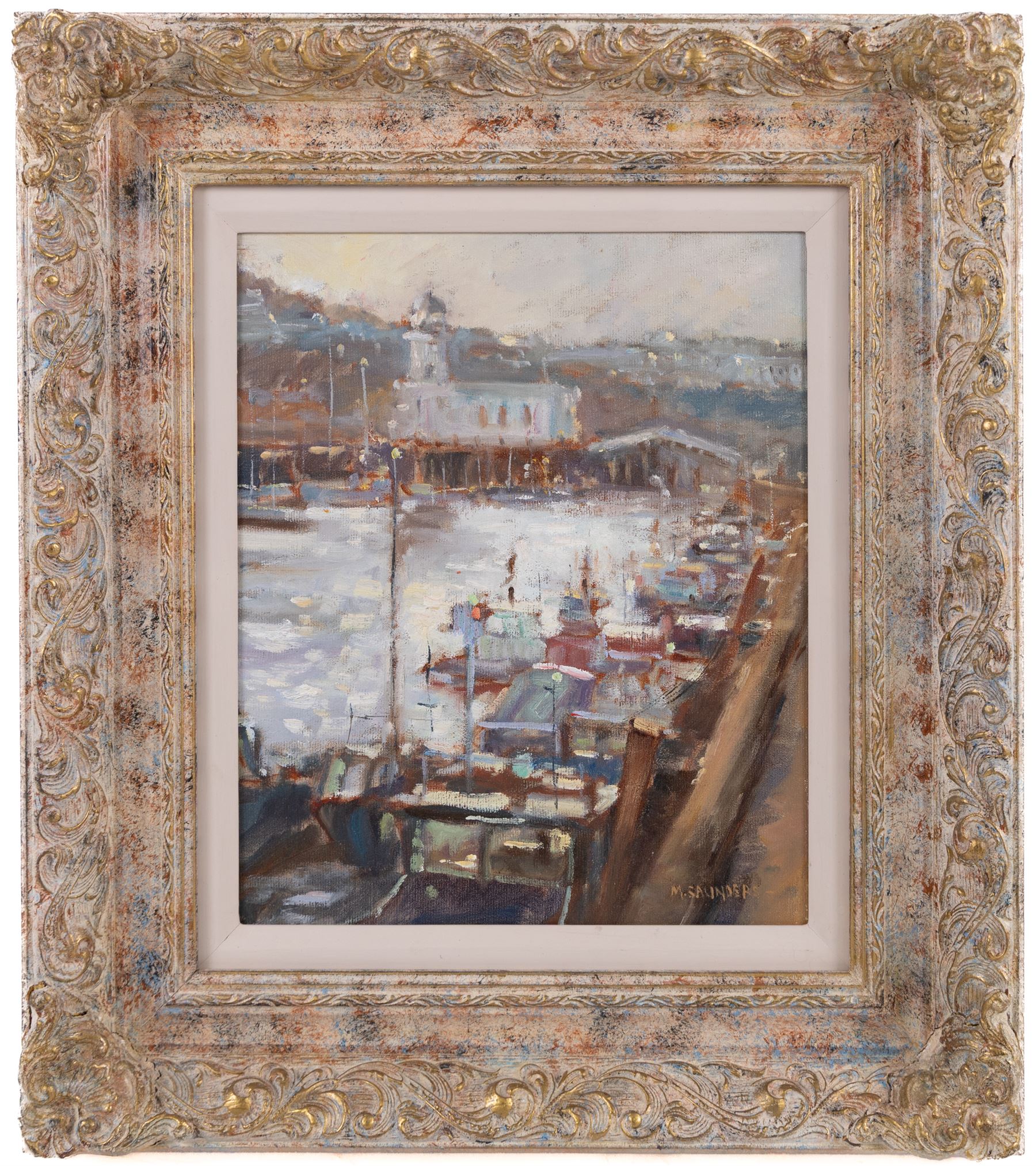 Michelle Saunders (British 1936-): 'Winter Light - Scarborough', oil on canvas board signed, titled verso 28.5cm x 23.5cm